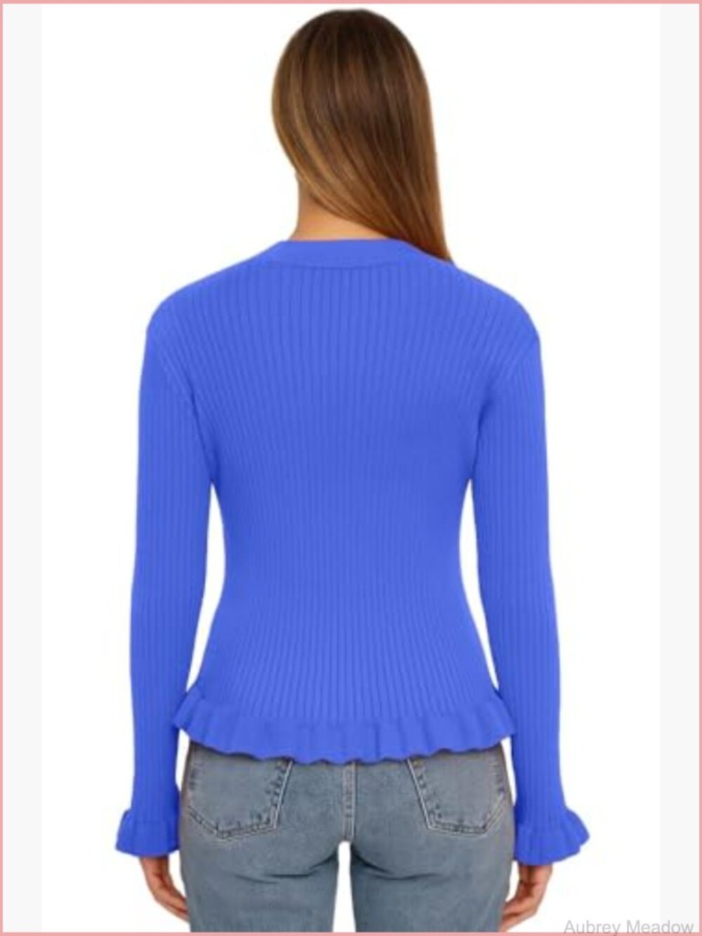 Ruffled Trim Ribbed Knit V-Neck Pearl Button Cardigan - Picture 3 of 7